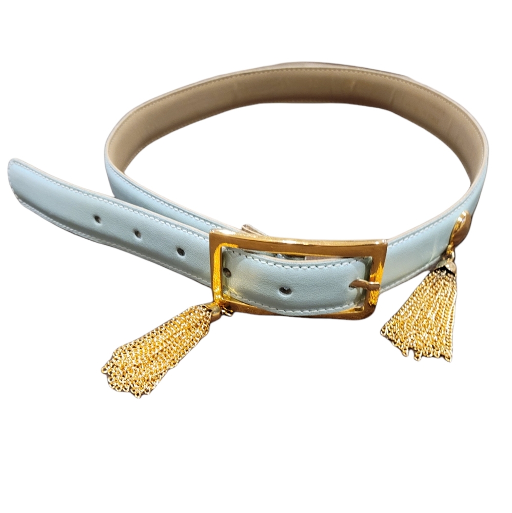 Pierotucci Firenze light blue genuine leather belt with gold tassels